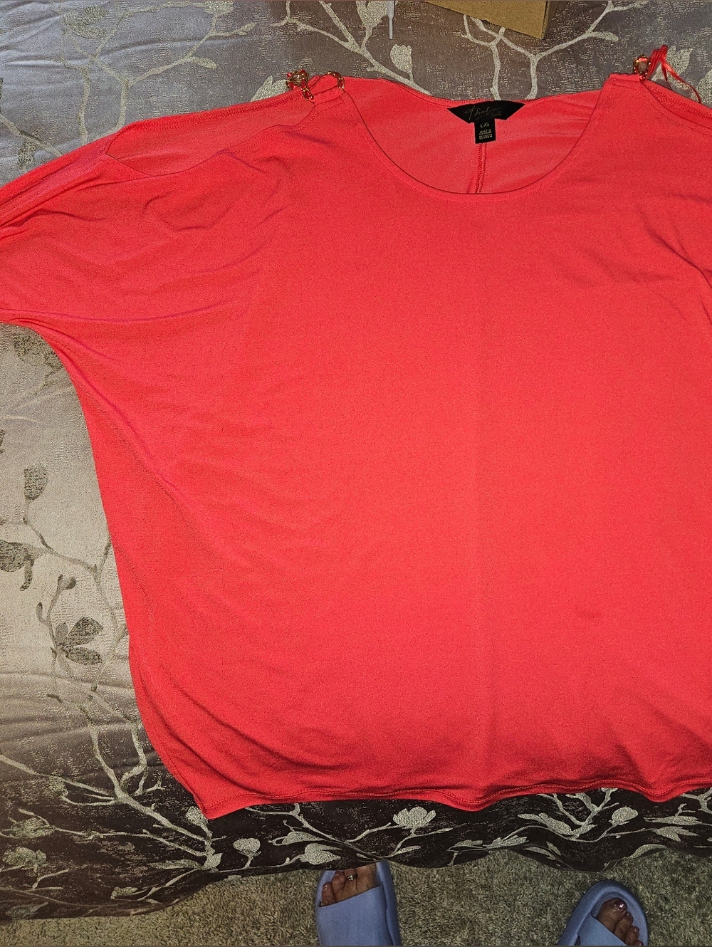 Thalia - Cold Shulder Bright Coral Pullover Top with Chain Shoulder Detail